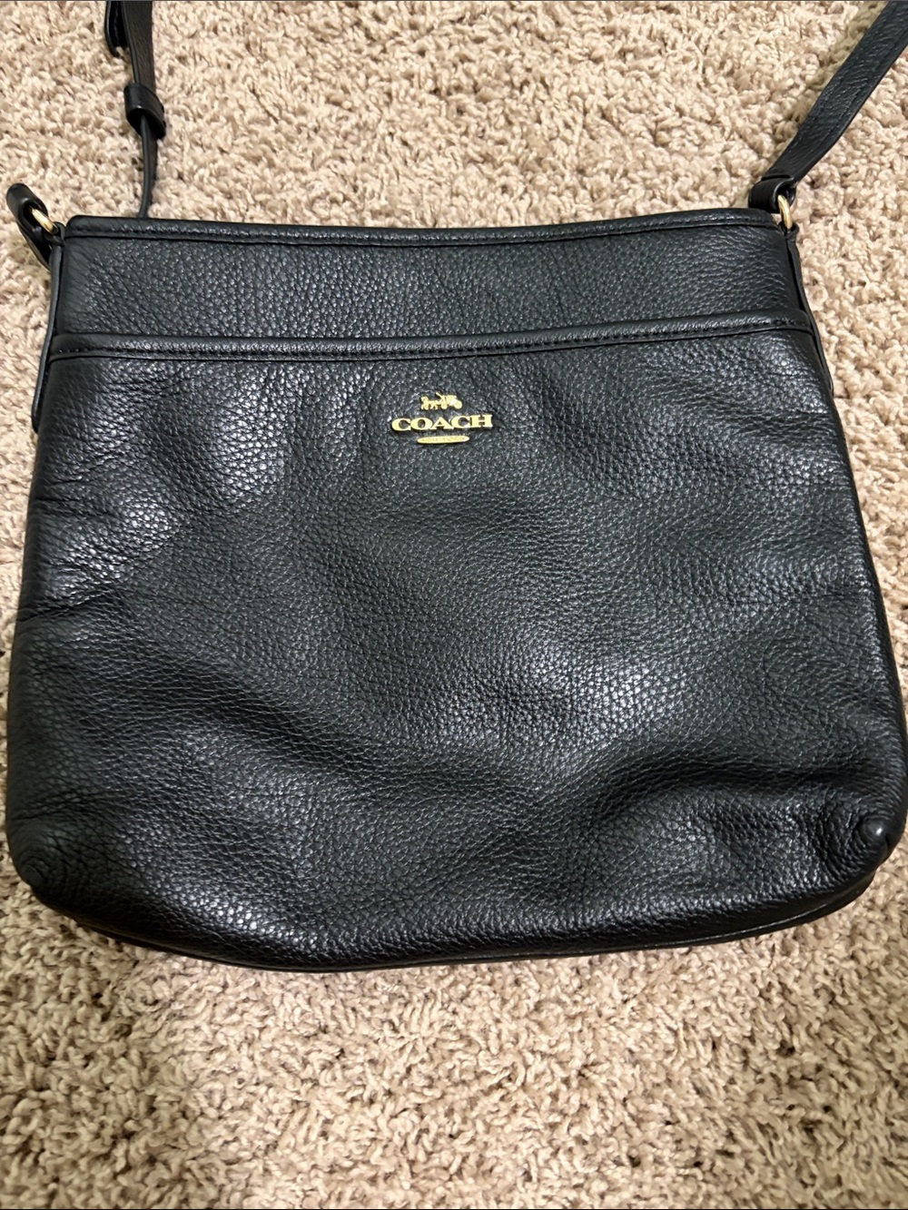 Coach Black Pebbled Leather Messenger Crossbody with Gold Logo